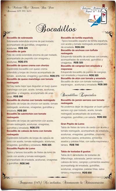 Voyez notre menu en ligne ! Taberna Mediterranea Bar et Restaurant a la ville de Samana...