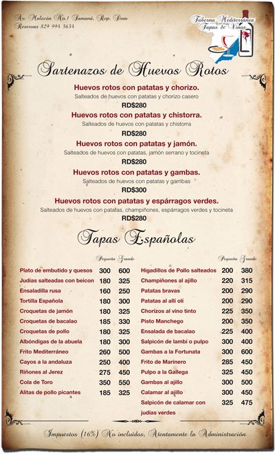 Menu en ligne, Restaurant Bar Espagnole Taberna Mediterranea a la ville de Samana...