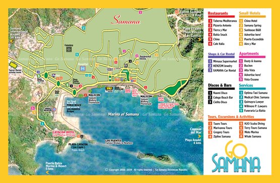 Map town of Samana in Dominican Republic... Samana City Map with the location of Restaurants, Bars, Small Hotels, Shopping, Banks and more... Map of the small town of Samana, full colors in high resolution...